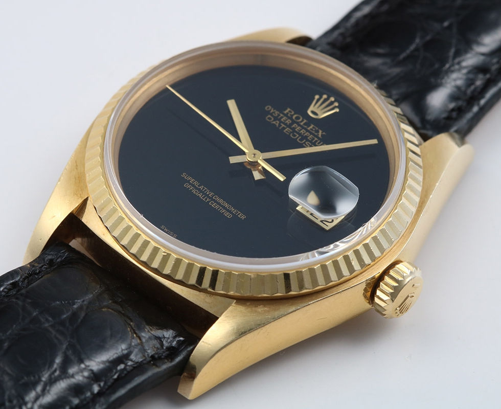 1980 Rolex Onyx Dial Datejust Gold Wrist Watch Ref. 16018