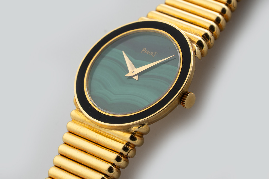 1970's Piaget Ladies Malachite, Onyx & Yellow Gold Wrist Watch Ref. 9091 C 10