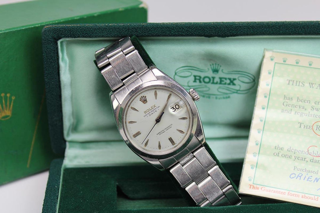 1960 Rolex Date Stainless Steel Wrist Watch Ref. 1500 With Box & Papers