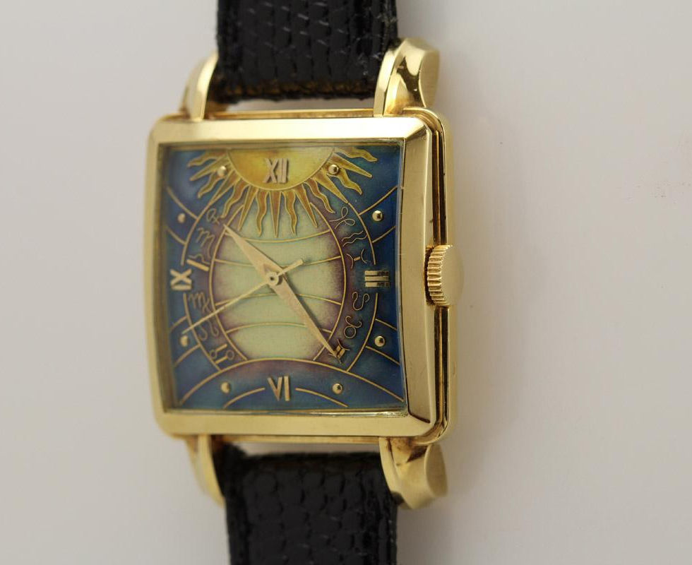 1950's Gold Square Cased Gubelin Cloisonné Dial Wrist Watch