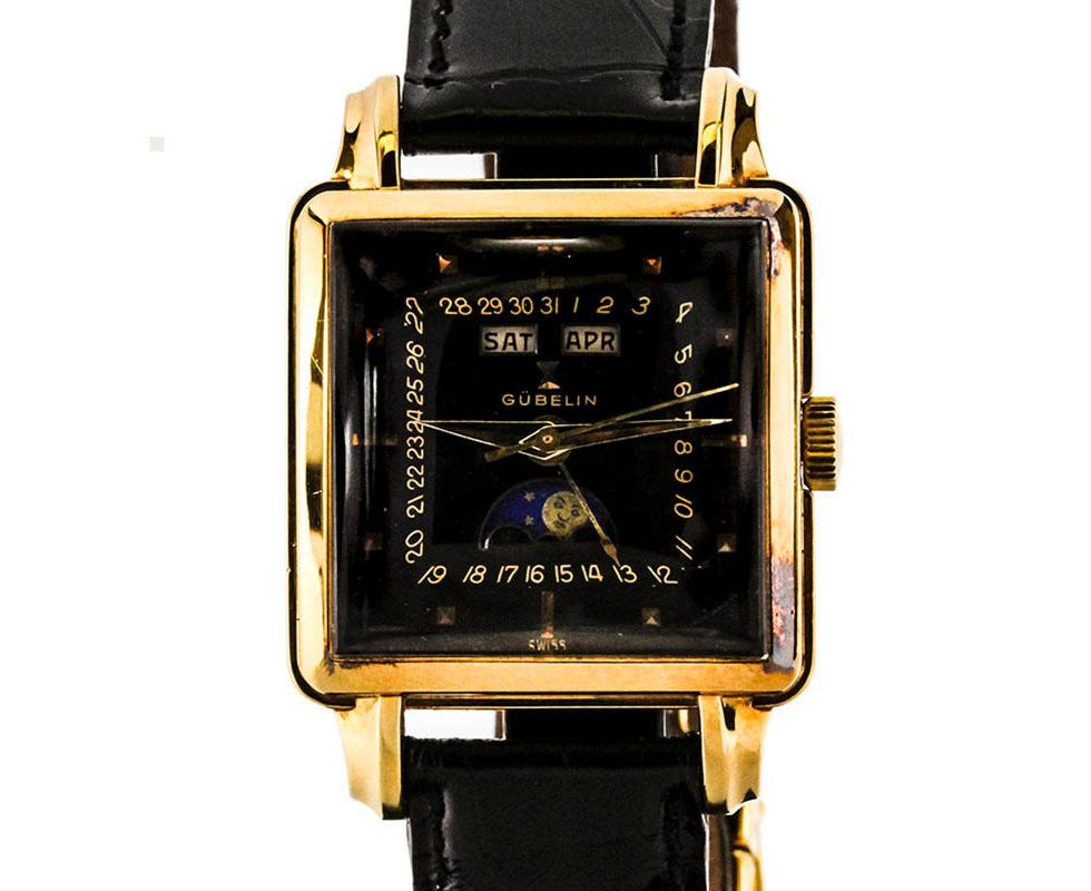 Gubelin Triple Date Moon Phase Square Gold Wrist Watch with a black gilt dial