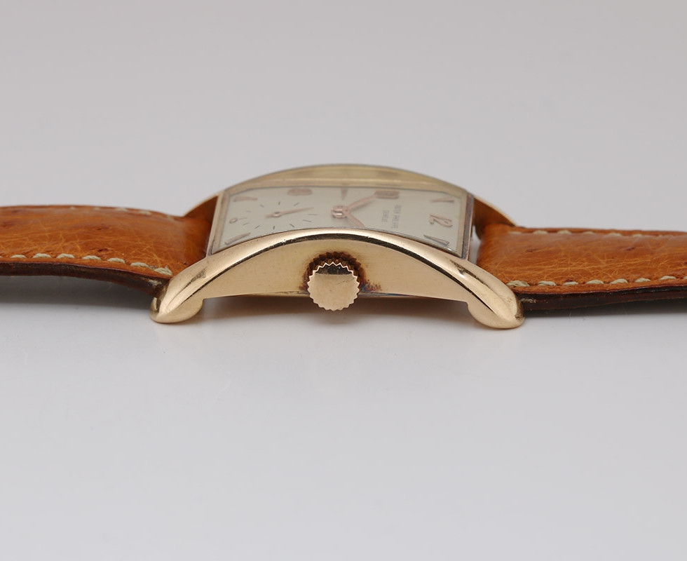 Crown Side Of 1952 Patek Philippe 18K Rose Gold 'Golden Banana' Vintage Wrist Watch Ref. 2442