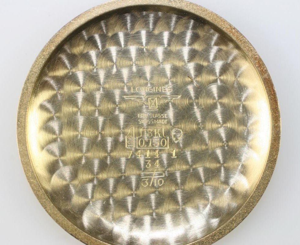 Inner Case Back Of 1960's Gold Longines Two Register Caliber 30CH Chronograph Ref. 7414