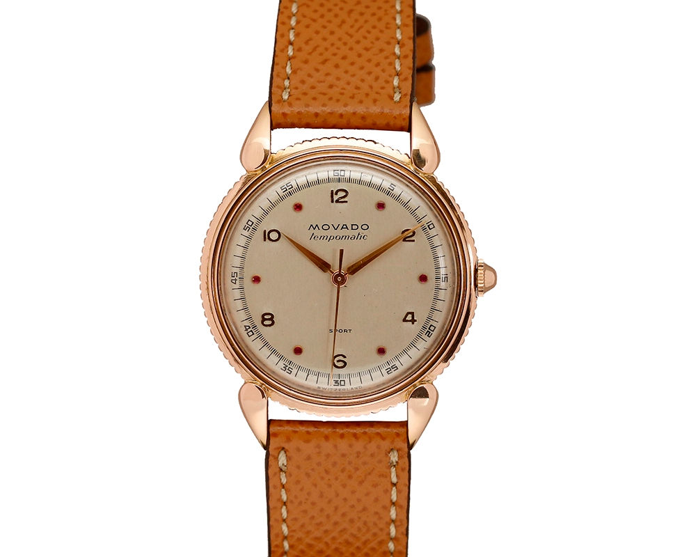 1950's Movado Tempomatic Sport 18K Rose Gold Watch with Rare Ruby Dial