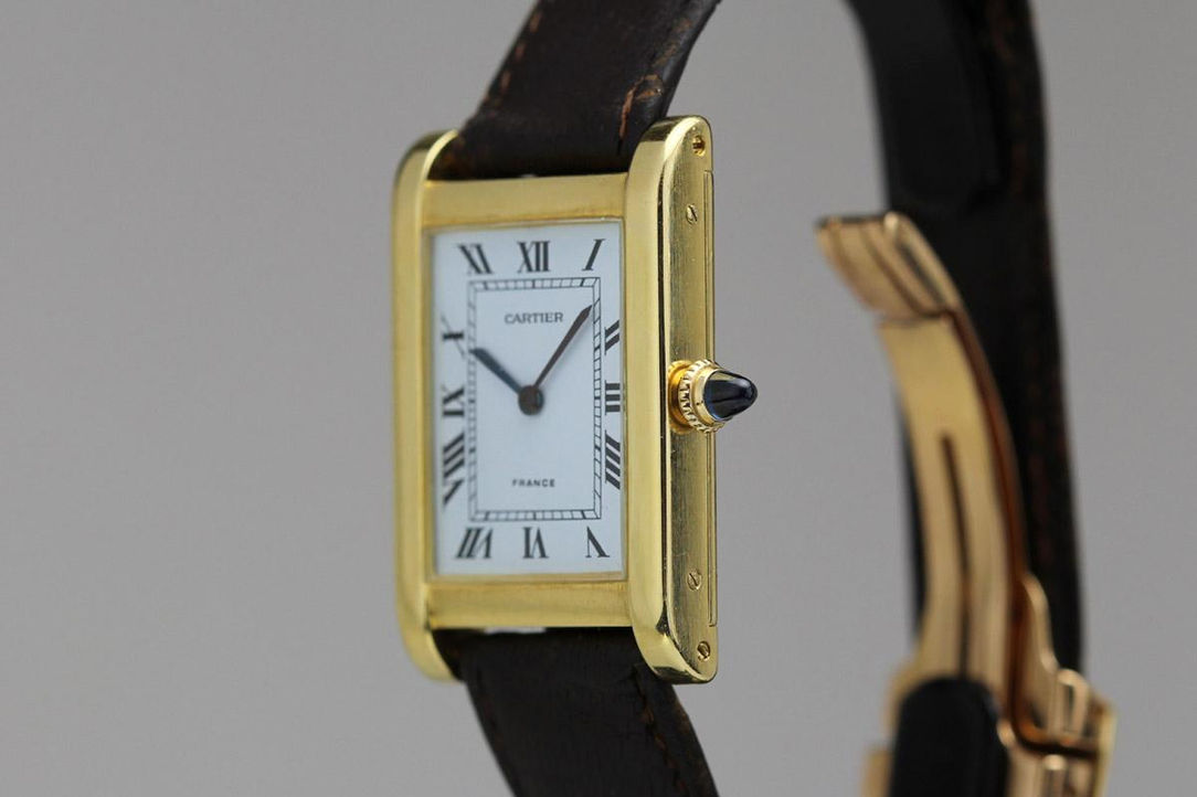 1940's Cartier "Super Tank" 18K Gold Rectangular Large Vintage Wrist Watch Crown Side