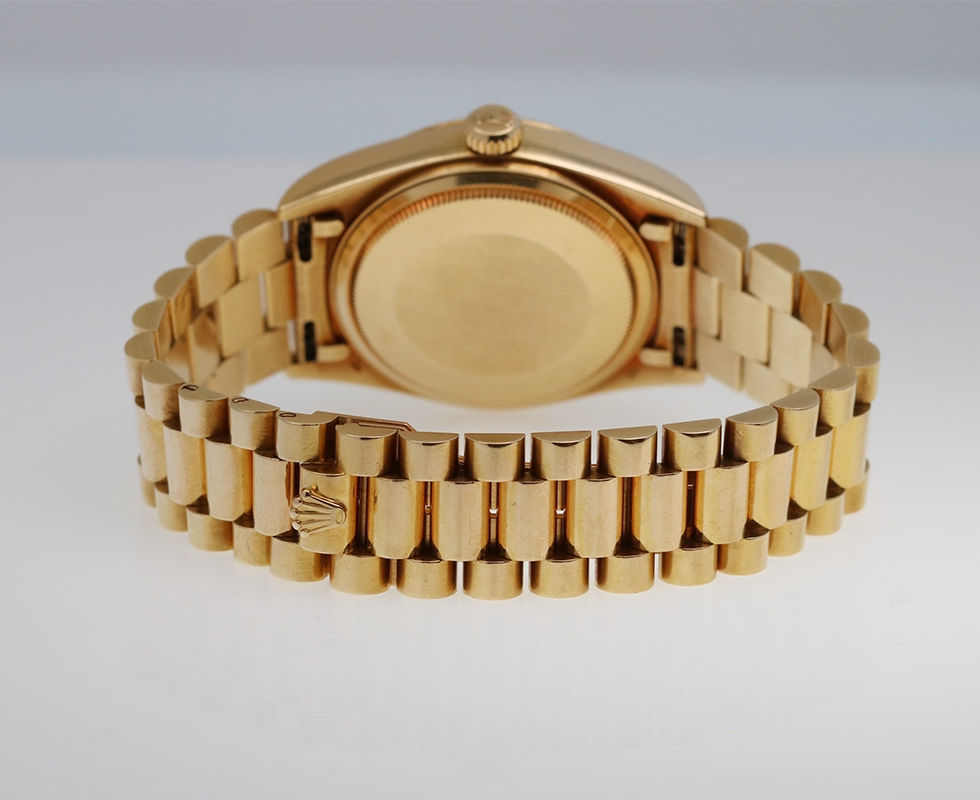 Back Of 1987 Rolex Day-Date Gold Wrist Watch Ref. 18038 with Gold Tapestry Dial