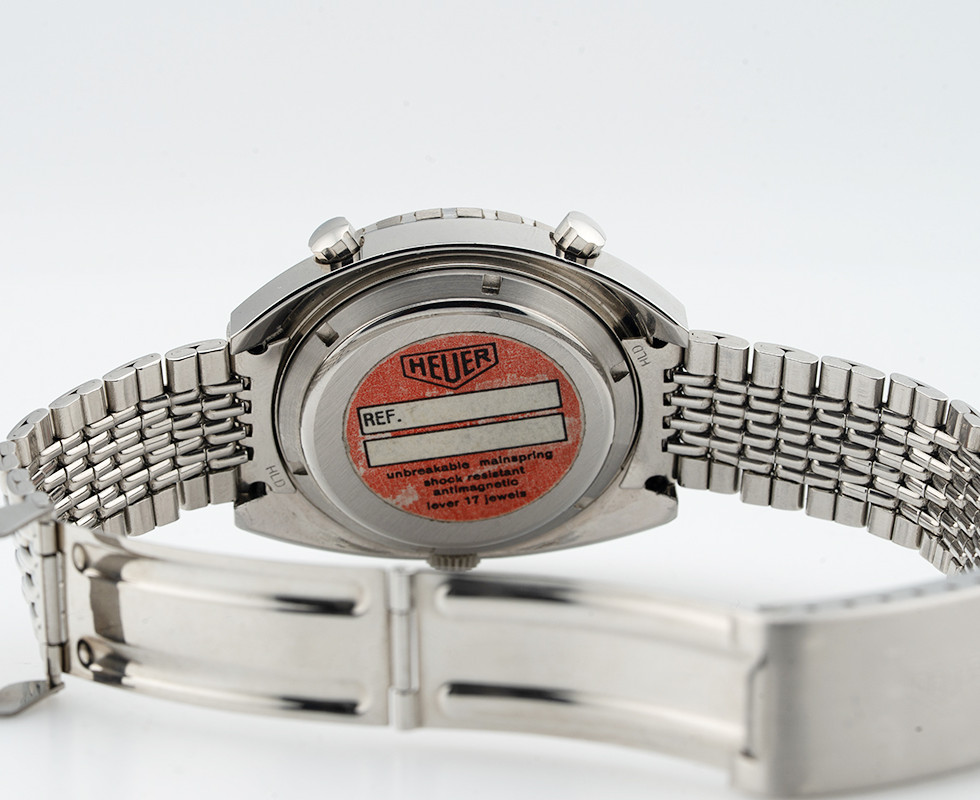 Case Back With Sticker On 1970's Heuer Autavia ‘Jo Siffert’ Edition Stainless Steel Chronograph Ref. 1163