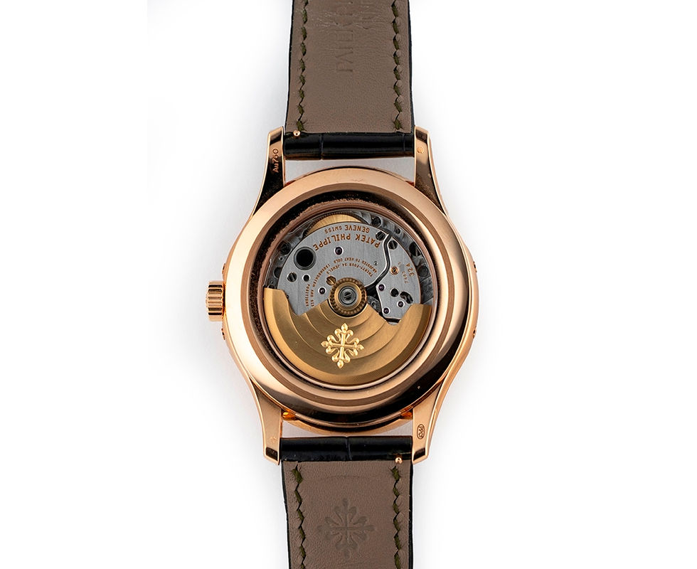 Back Of 2022 Patek Philippe 18K Rose Gold Annual Calendar Wrist Watch With Moon Phases And 24 Hour Indicator, Ref. 5205R-011