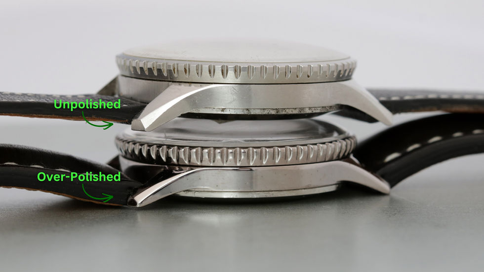 Two Vintage Breitling Navitimers Stacked to see lugs and profile view displaying difference in unpolished, and an over-polished example