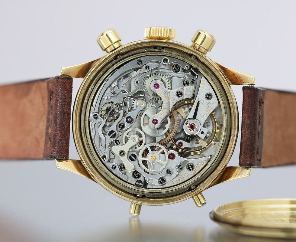 Movement In 1940's Tourneau 14kt Gold Tripledate Chronograph Moon Phase Wrist Watch