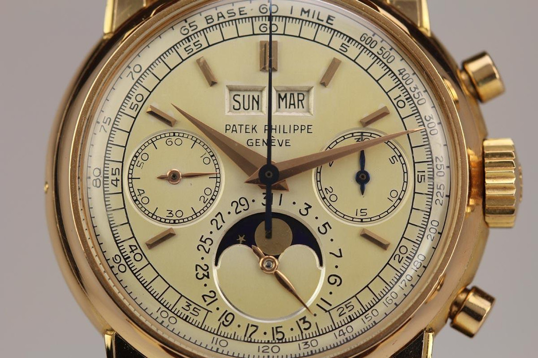 Close Up of 1950's Patek Philippe 18K Rose Gold Perpetual Calendar Moon Phases Chronograph Ref. 2499 Second Series