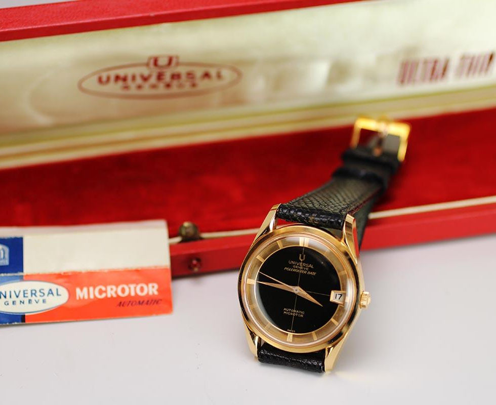 1960's Universal Geneve Polerouter Date 18K Rose Gold Limited Edition Vintage Wrist Watch With Box, and Hang Tag