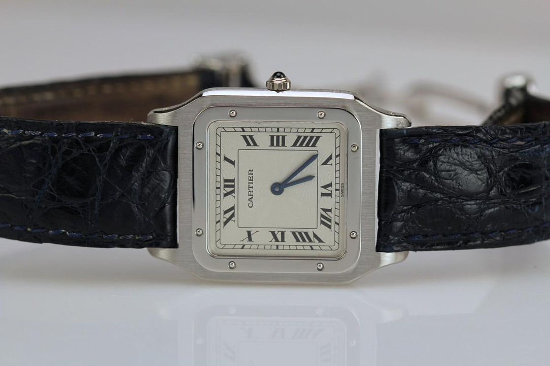1990 Platinum Cartier Santos Manual Wind Wrist Watch Laying On Side