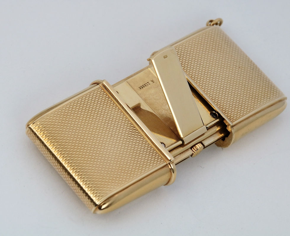 Back Displaying Travel Clock Stand For 1950's Movado for Cartier Yellow Gold Ermeto Purse Watch