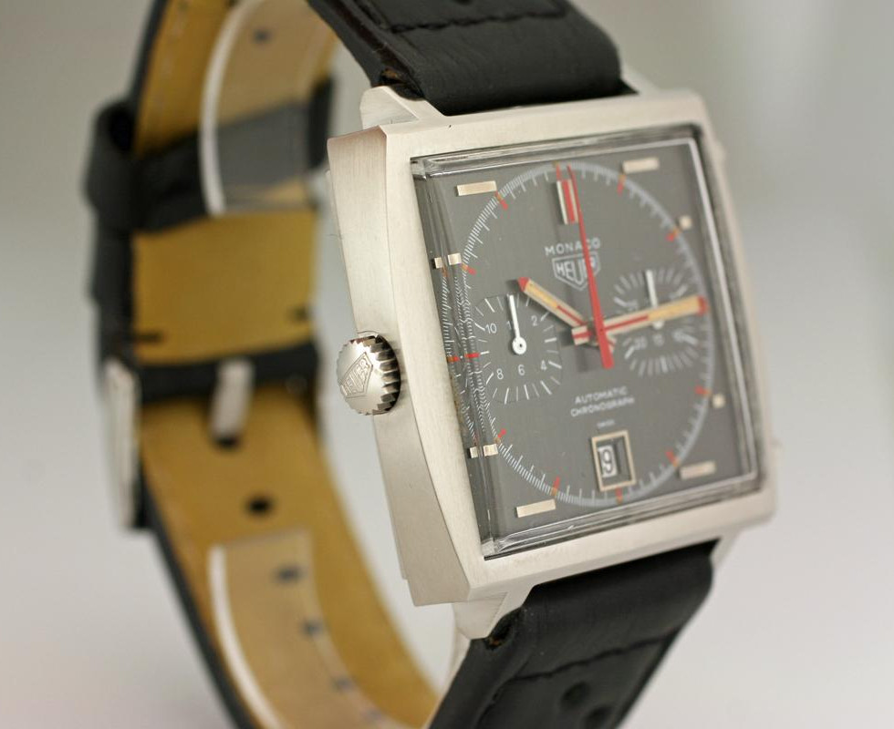 1970's vintage Heuer Monaco square chronograph wrist watch with an original grey dial.
