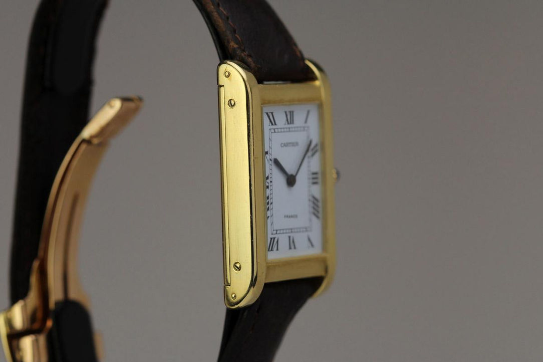1940's Cartier "Super Tank" 18K Gold Rectangular Large Vintage Wrist Watch Side