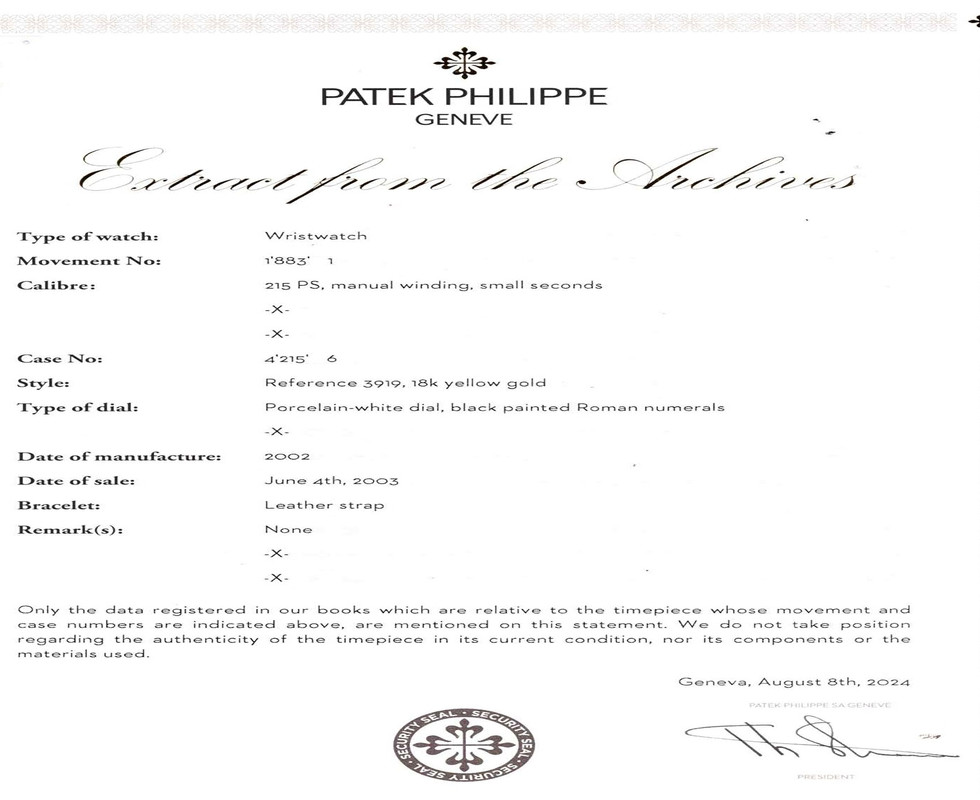 Extract From The Archives To 2002 Patek Philippe Calatrava 18K Yellow Gold Ref. 3919J With Double Signed Tiffany & Co. Dial