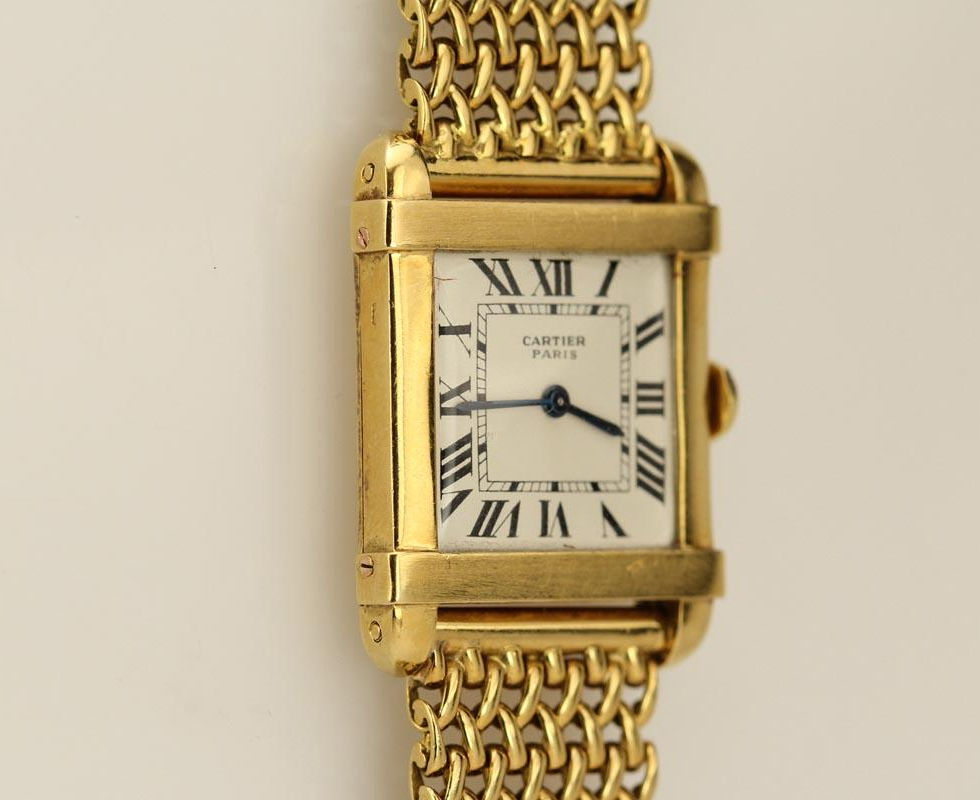1940's Cartier Tank Chinoise Gold Wrist Watch On Gold Bracelet Side