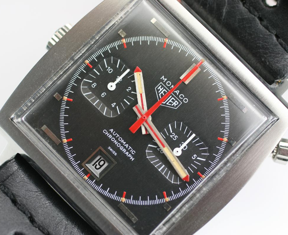 1970's vintage Heuer Monaco square chronograph wrist watch with an original grey dial.