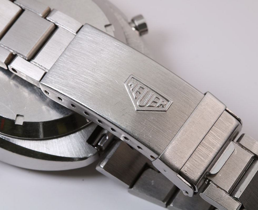 Heuer Stamped Bracelet Clasp On 1970's Heuer Montreal Vintage Stainless Steel Chronograph Wrist Watch Ref. 110.503