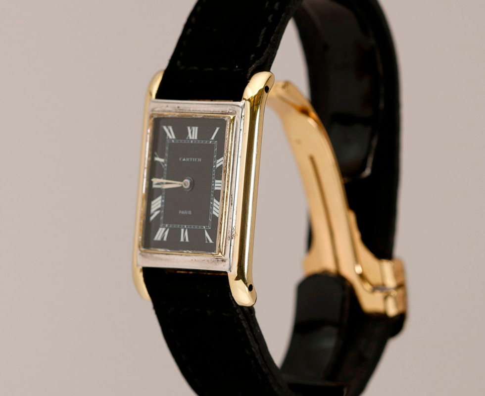 1941 Cartier Tank Rectangulaire À Pattes Duo-Plan 2 Tone White & Yellow Gold Vintage Wrist Watch Side