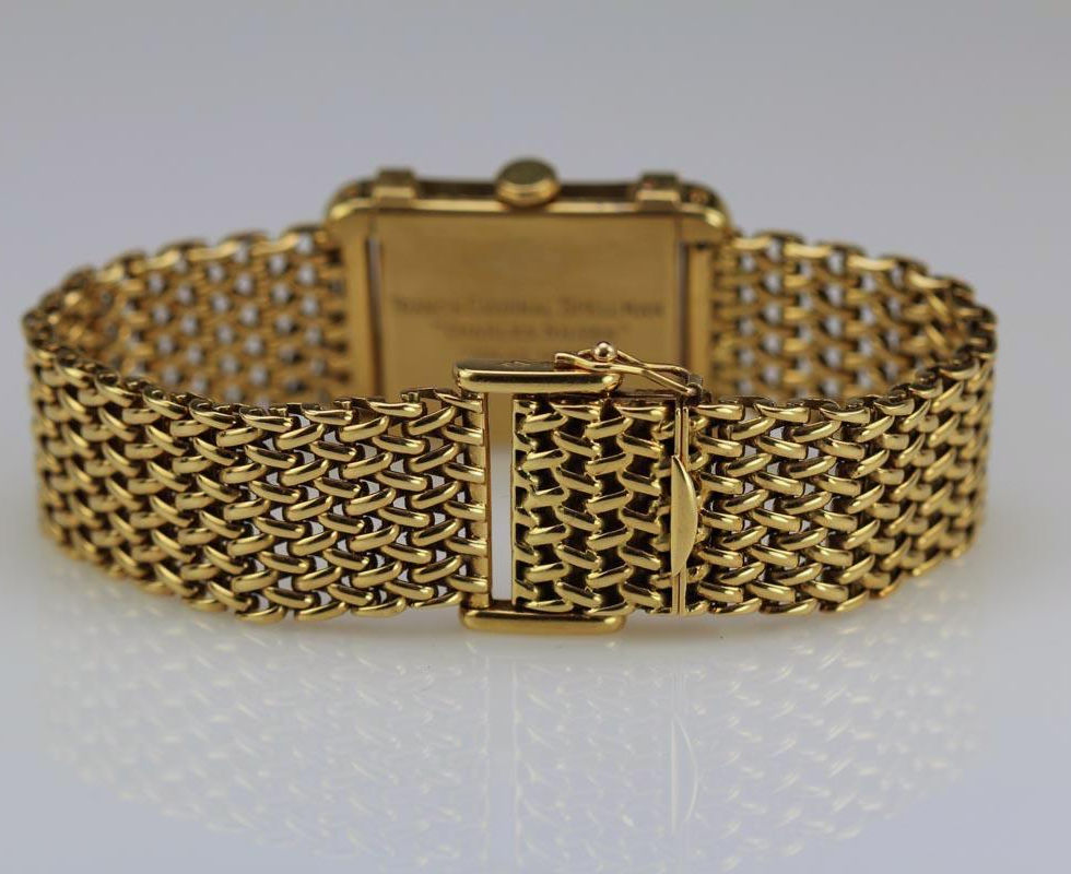 1940's Cartier Tank Chinoise Gold Wrist Watch On Gold Bracelet Displaying Beautiful Bracelet