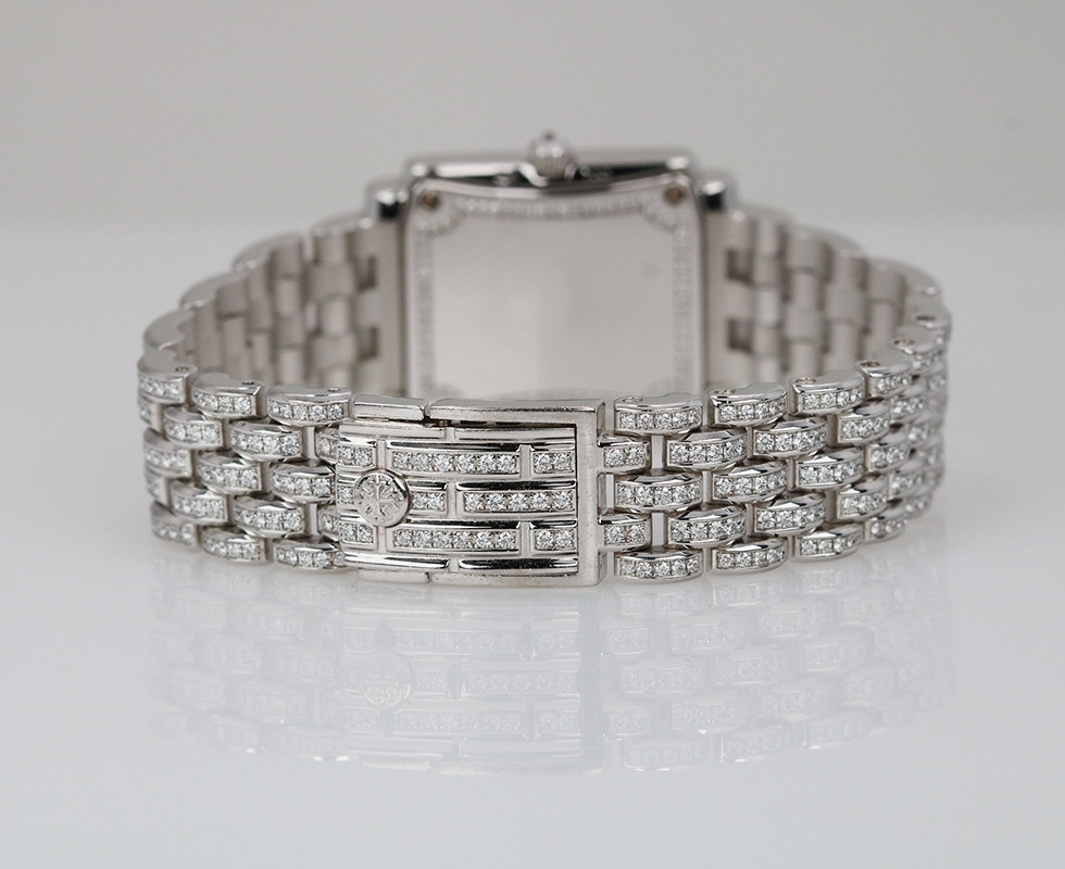 Back Of 2005 Patek Philippe Full Diamond 18K White Gold Gondolo Wrist Watch On Bracelet Ref. 4825/150