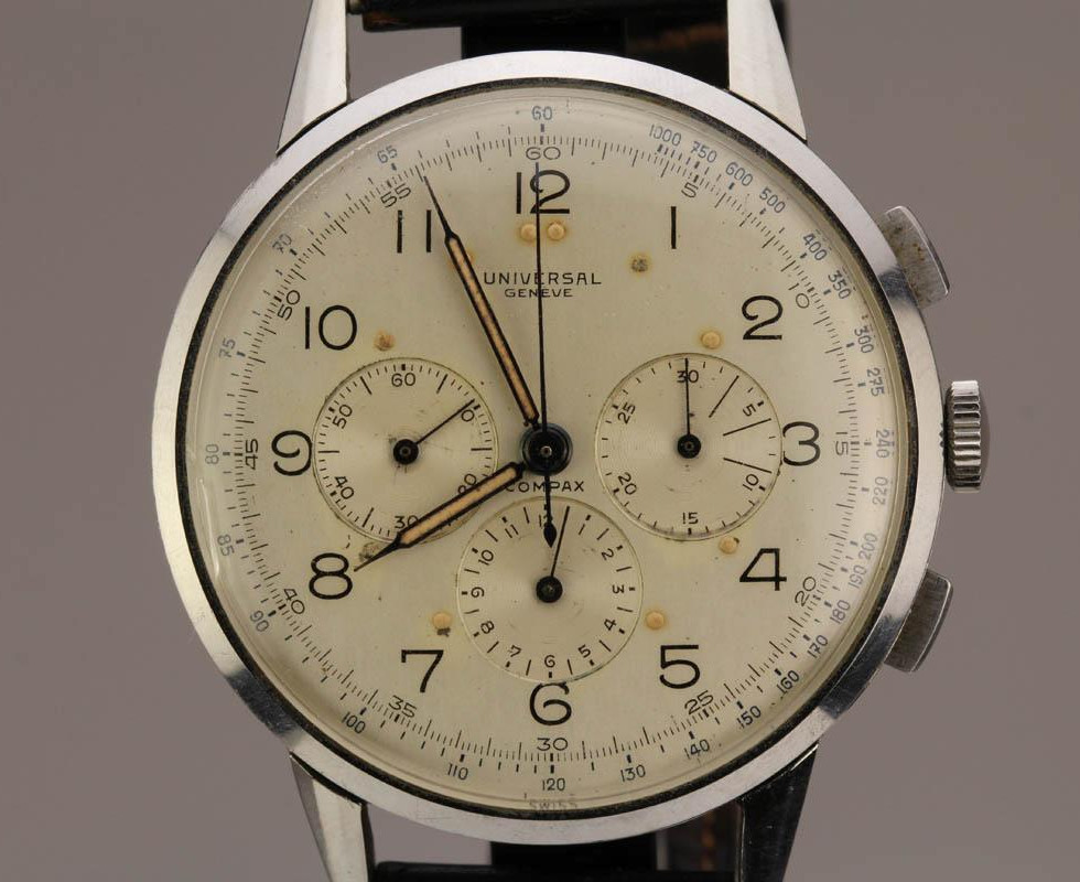 1940's Stainless Steel Vintage Universal Geneve Compax Oversized Chronograph Wrist Watch