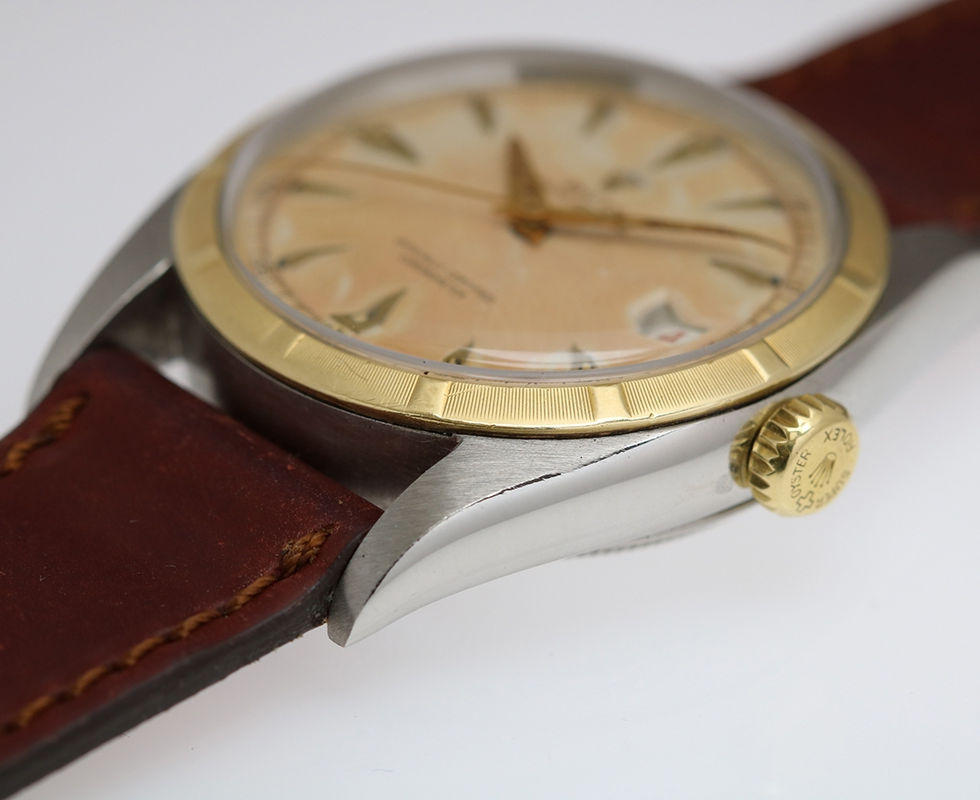 1950's Rolex Semi Bubbleback Ovettonne Two Tone Wrist Watch Ref. 6075