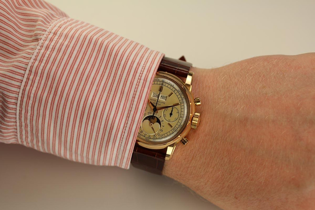 1950's Patek Philippe 18K Rose Gold Perpetual Calendar Moon Phases Chronograph Ref. 2499 Second Series Worn On Wrist