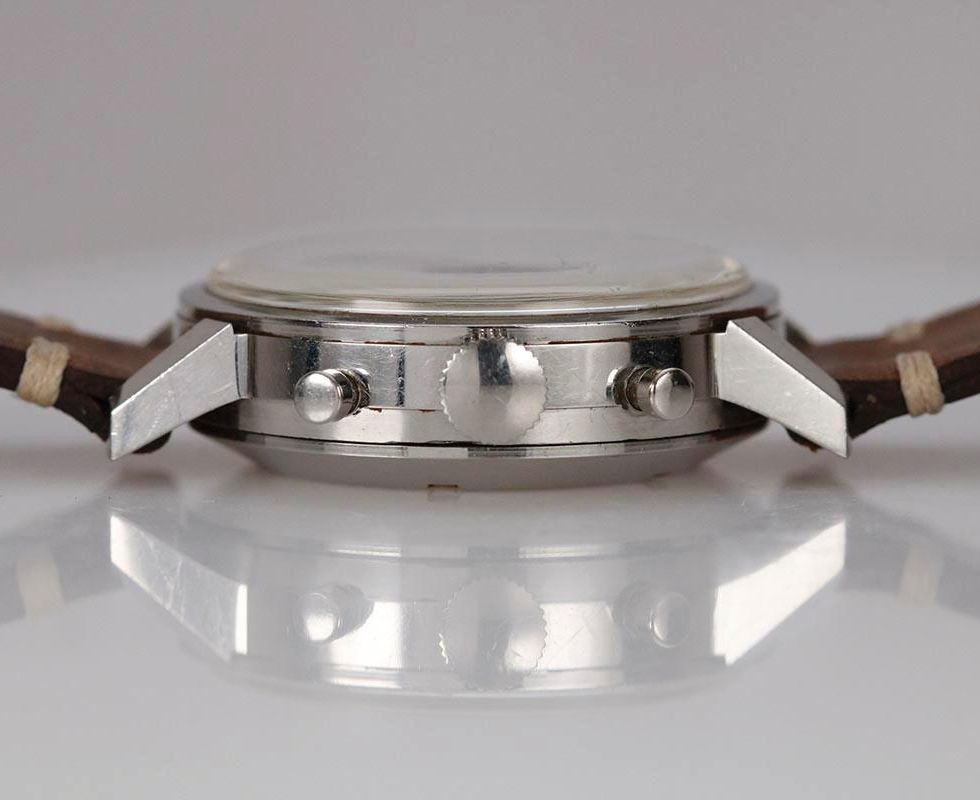 Crown Side Of 1960's Angelus Incabloc Chronograph Date Stainless Steel Wrist Watch