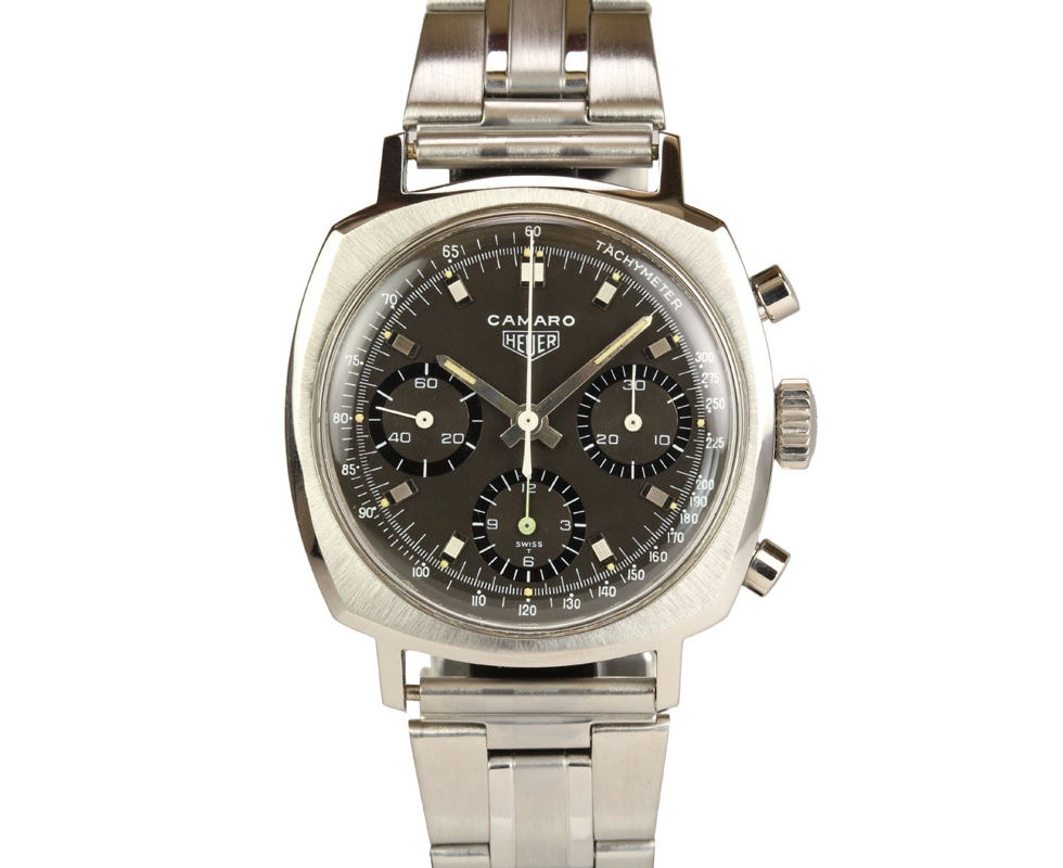 1970's Vintage Heuer Camaro Ref 7220 Black Dial Chronograph Wrist Watch