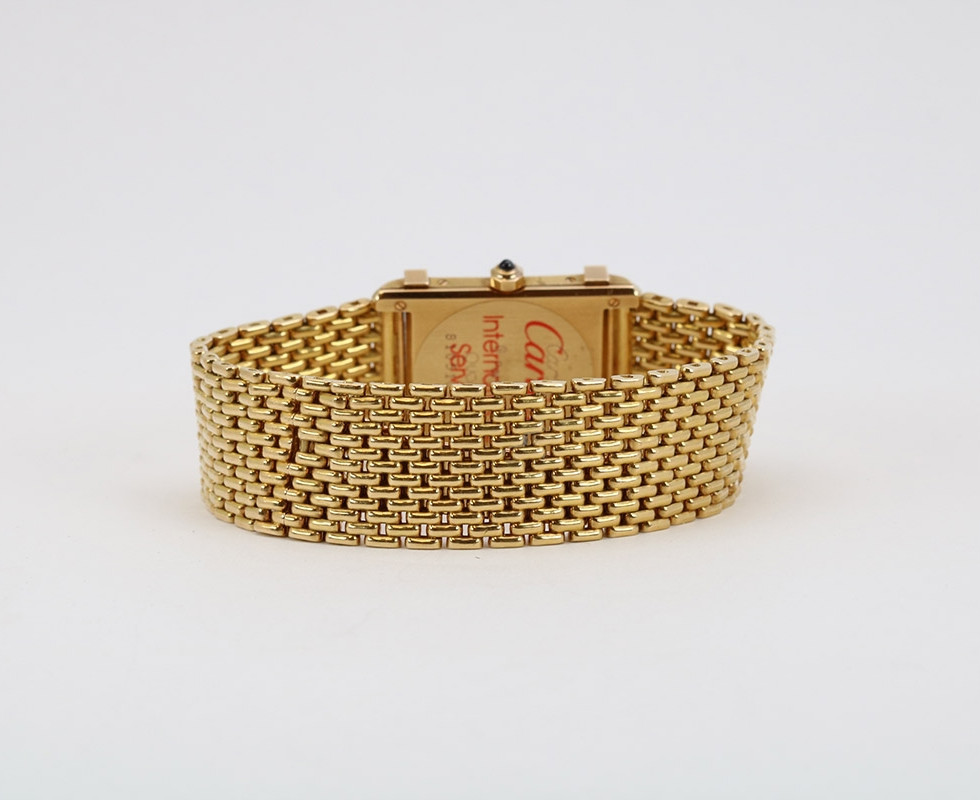 Back Of 1990's 18K Gold Cartier Tank Chinoise on Beads of Rice Bracelet Ref. 8105