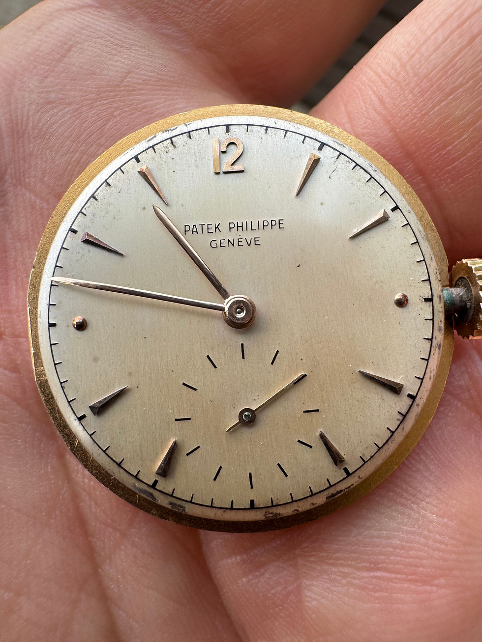 Dial of Patek Philippe ref. 2431 out of case and in hand