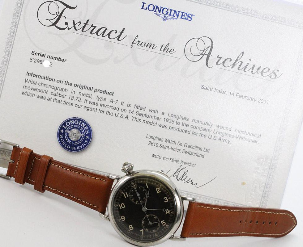 1934 Longines Avigation Hack Watch Type A-7 For The U.S. Army With Extract Paper