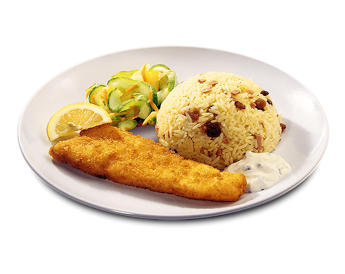 hake, rice and raisins with lemon on the side in white plate