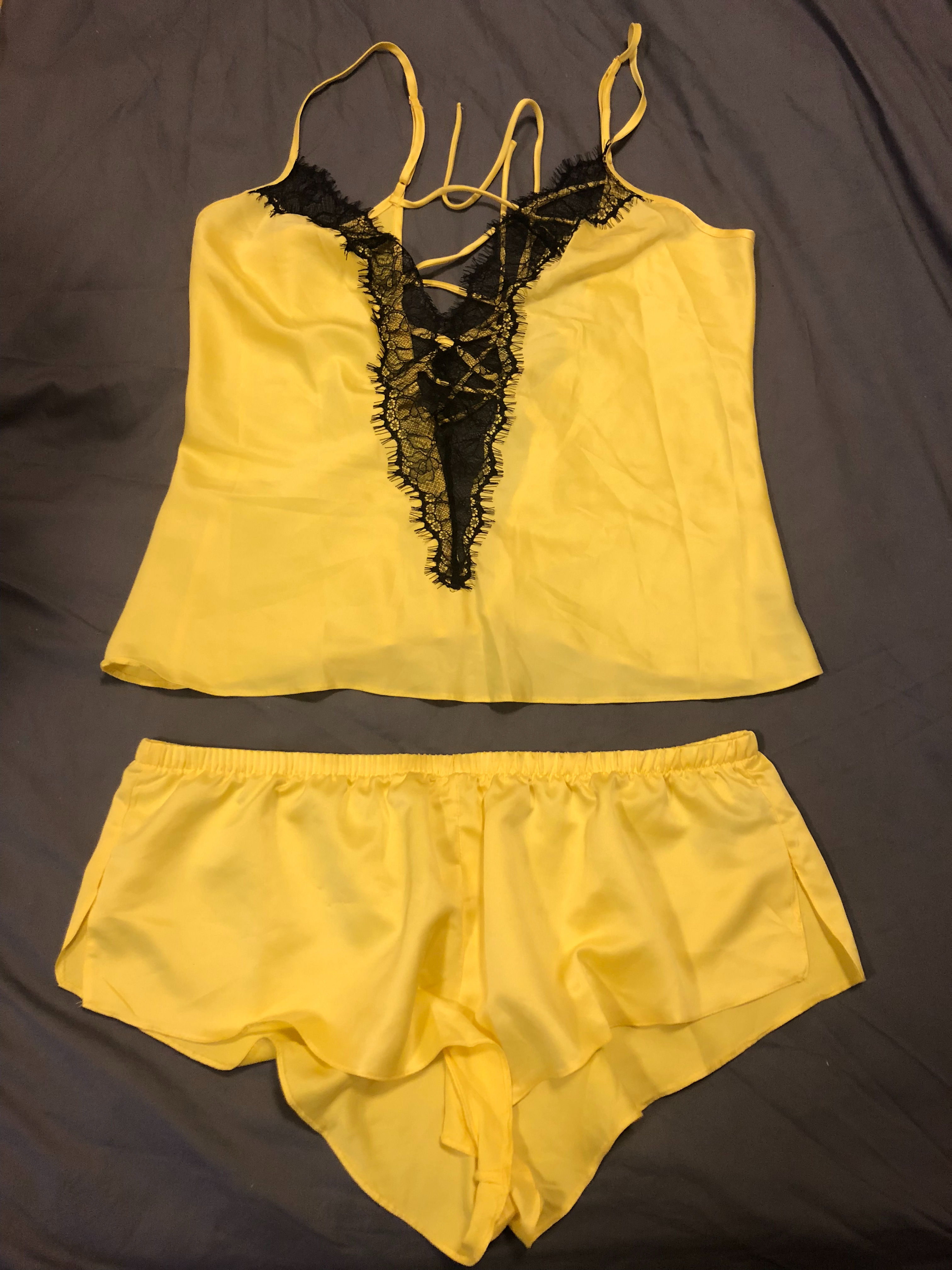 Yellow and black lace cami set 