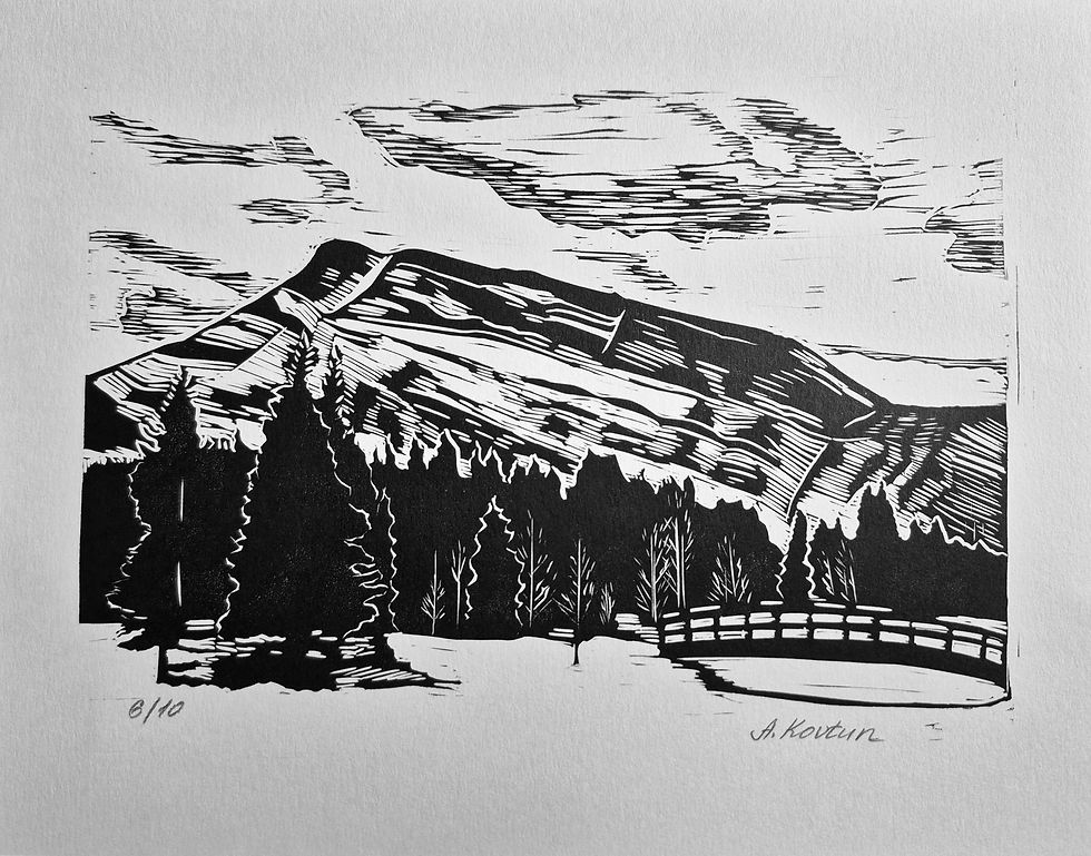 Linocut print "Cascade Mountain"
