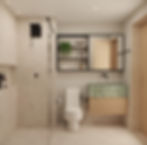 Banheiro com bancada verde, espelho com prateleiras e chuveiro com box de vidro.