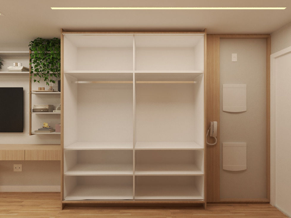 Guarda-roupa planejado com nichos internos e portas deslizantes, otimizando o espaço do studio