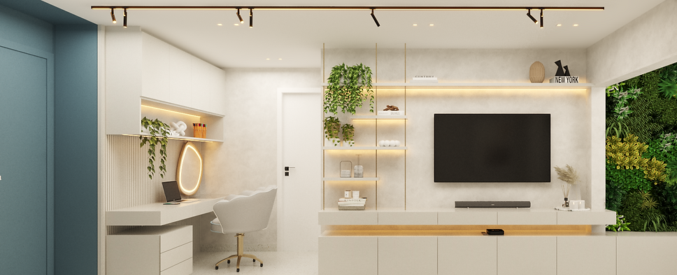 Parede com painel de TV branco, prateleiras iluminadas e detalhes em madeira clara.