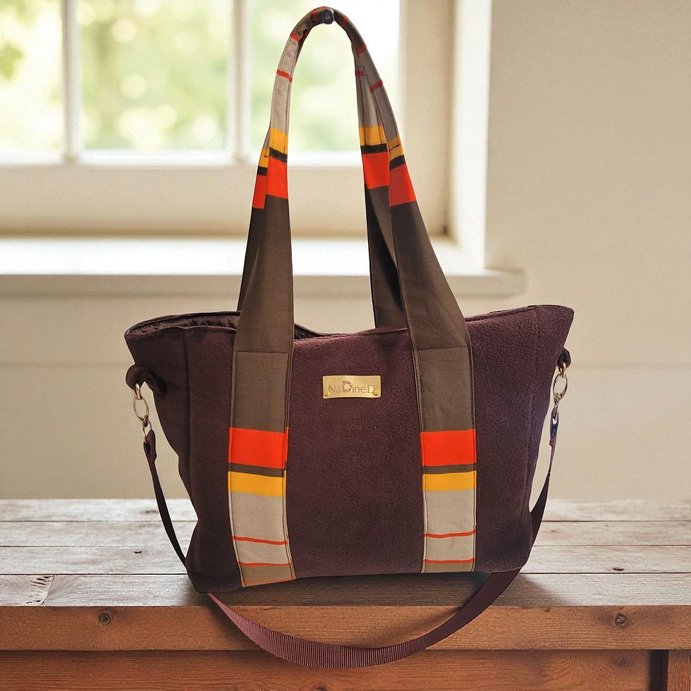 Thumbnail: Sac à main marron, bandoulière, détails colorés, sur une table en bois et fenêtre.