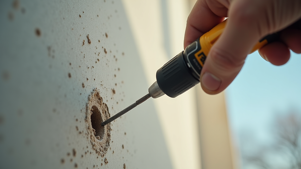 Eye-level view of a technician patching small holes in drywall after blown-in insulation installation