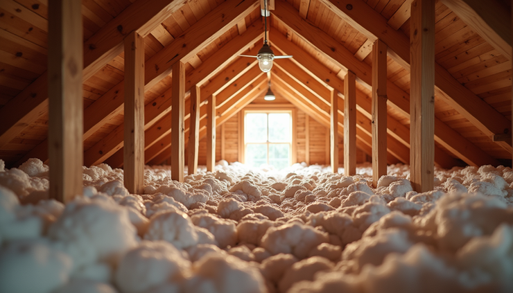 Eye-level view of attic insulation being installed in a residential home