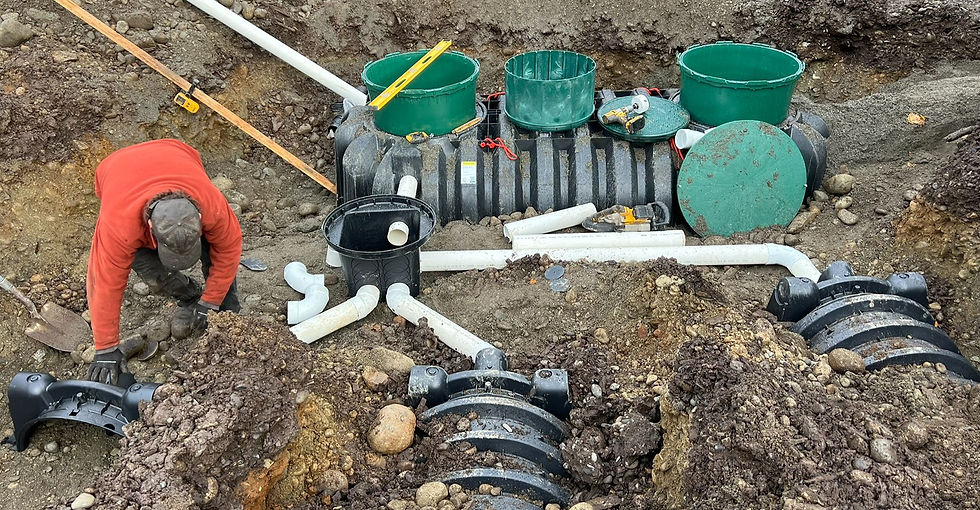 Excavator installing an Infiltrator chamber drain field in rainy conditions on a rural property along Findlay Lake Road West near Terrace, BC.