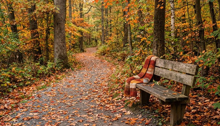Wide-angle view of a quiet autumn path covered in orange leaves