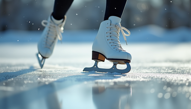Eye-level view of a figure skate blade on ice with a smooth glide