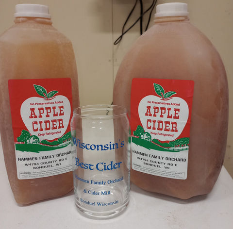 Hammen Family Orchard & Winery Gallons of Apple Cidar and a Cidar Glass
