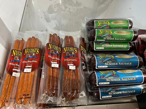 Hammen Family Orchard & Winery Gift Shop sausage and meat sticks variety in cooler.