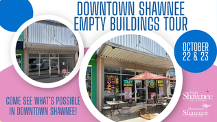 blue pink and white graphic with pictures of store fronts